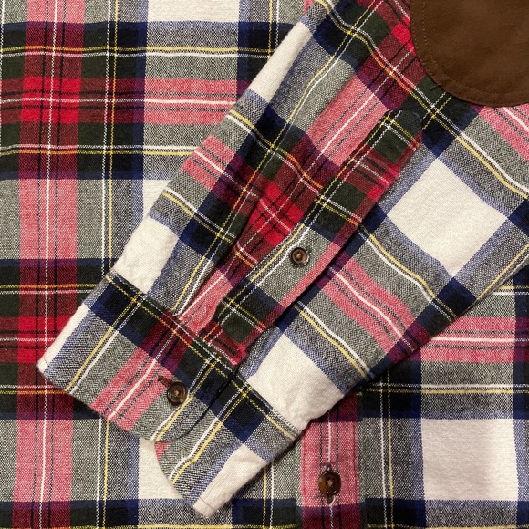 J.Crew Colorful Plaid Button Down Flannel with Brown Elbow Patches EUC Size XL - Picture 6 of 6